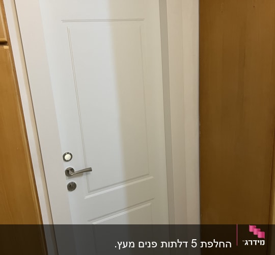 דלת לבנה עם ידית מתכת וכפתור נעילה